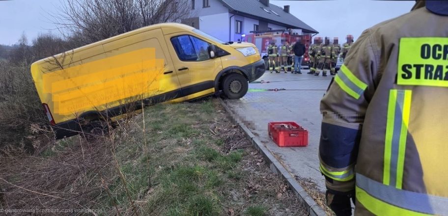 Samochód dostawczy utknął na skarpie